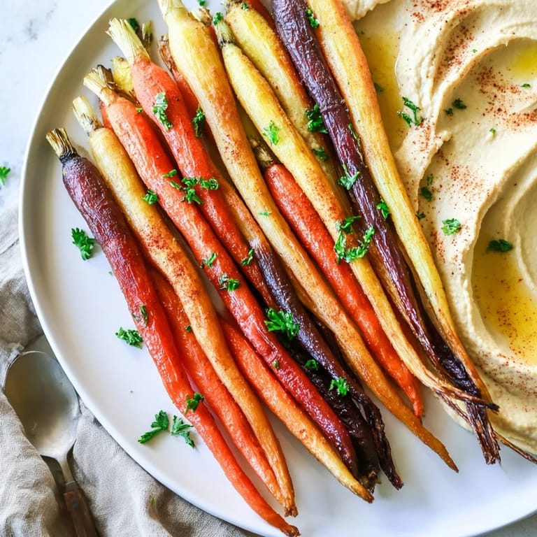 Caramelized rainbow carrots on a platter with smooth tahini hummus, drizzled with olive oil and ideal for a healthy vegan snack.
