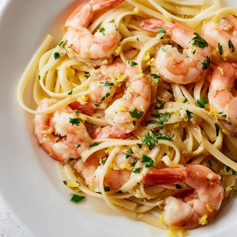 Twirling strands of al dente linguine hold tender shrimp, ready to be served with a chilled glass of white wine.