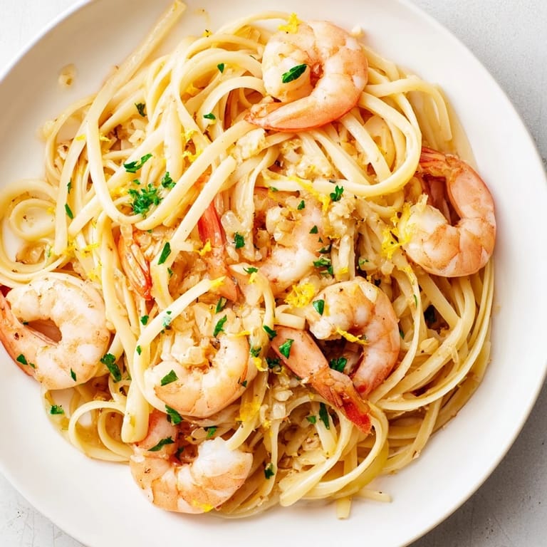 Succulent shrimp mingle with garlic butter linguine, topped with lemon zest and freshly grated Parmesan cheese.