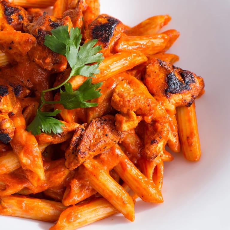 Penney pasta coated in a spiced tomato-cream sauce with tender, charred chicken tikka pieces for a vibrant fusion meal.