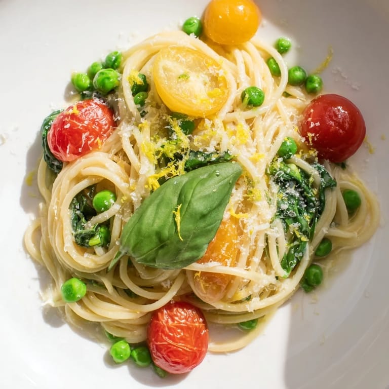 Family-style Spring Veggie One-Pot Spaghetti served from a ceramic pot, ready to enjoy as a quick vegetarian weeknight dinner.