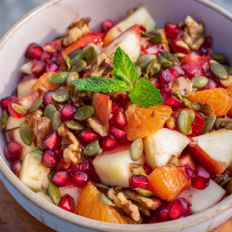 Close-up of a nutrient-rich Pomegranate and Walnut Salad featuring ripe pear chunks, pumpkin seeds, and sunflower seeds drizzled with lemon-olive oil dressing.