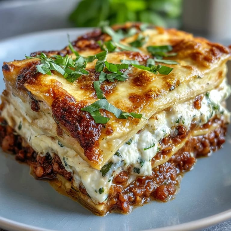 Sliced wedges of one-pan smoky veggie lentil lasagne served on white plates alongside a fresh green salad and a glass of red wine.