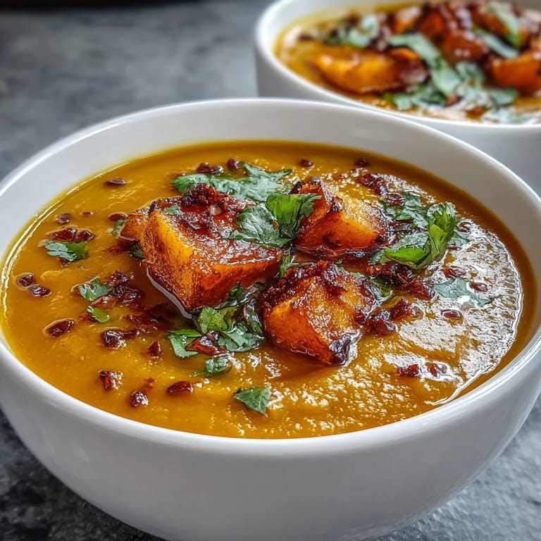 A close-up of creamy orange Butternut Squash and Lentil Soup in a rustic bowl, garnished with fresh cilantro and a lemon wedge.