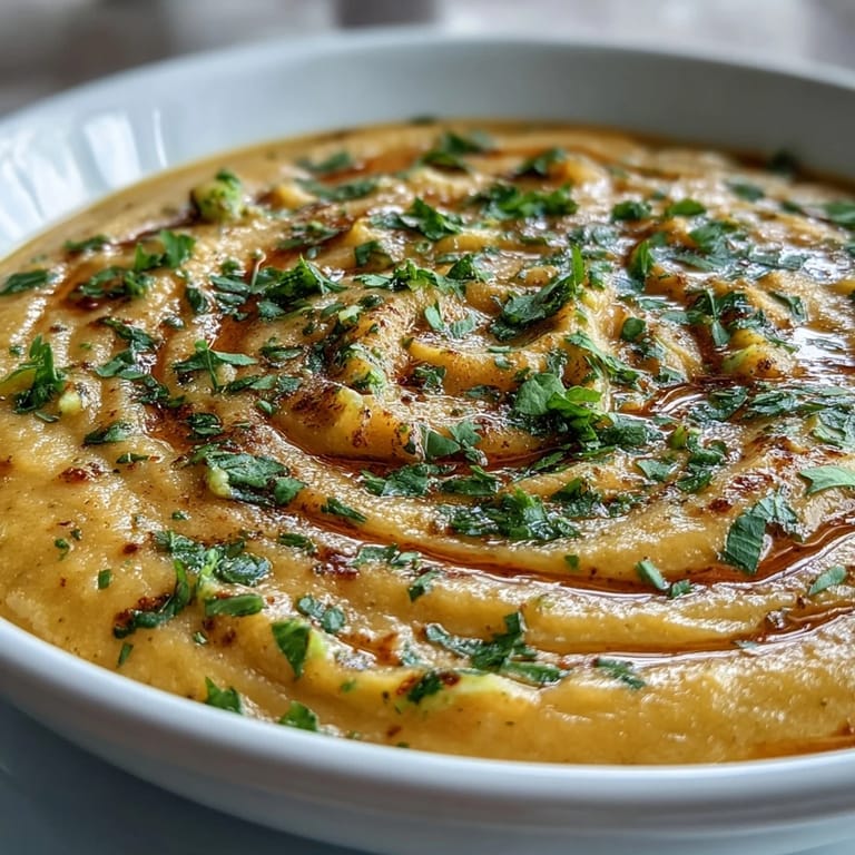 Overhead view of Creamy Vegetable Soup in a white bowl, served alongside crusty artisan bread for dipping.