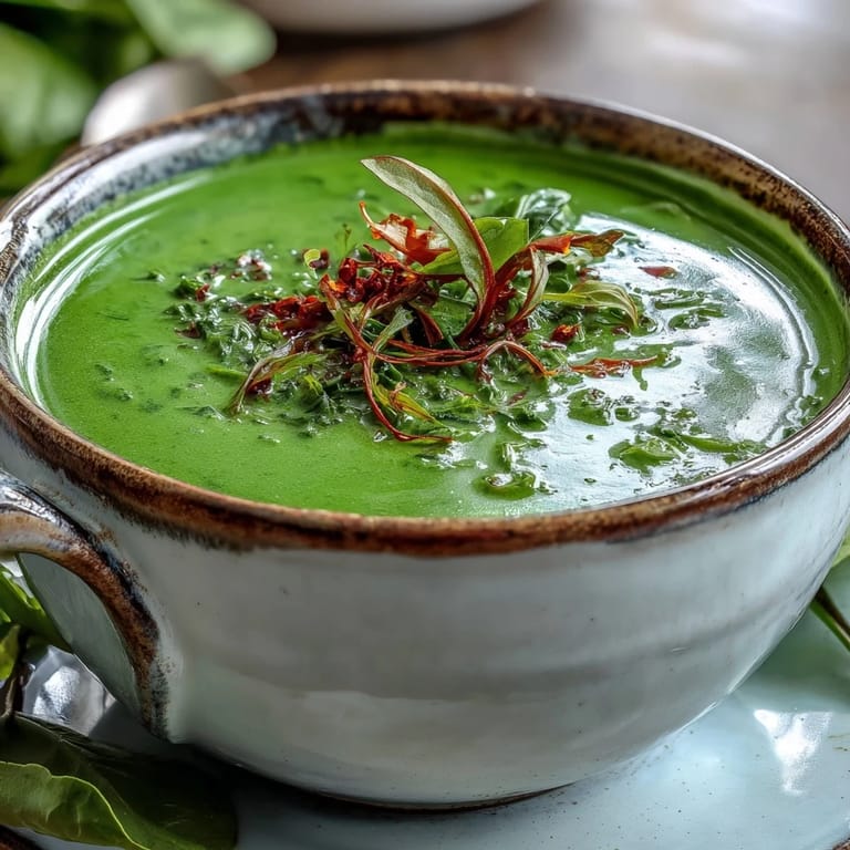 Bright green Spinach Coriander Lemongrass Soup served in a rustic bowl with steam rising invitingly.