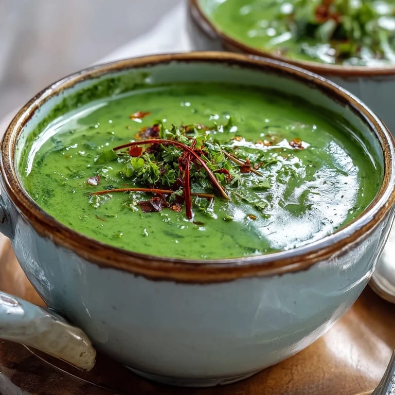 Healthy vegan Spinach Coriander Lemongrass Soup topped with cilantro and thin slices of red chili.