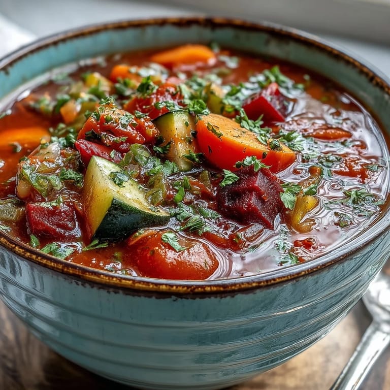 This hearty Rainbow Vegetable Detox Soup is served with whole-grain bread for dipping alongside.
