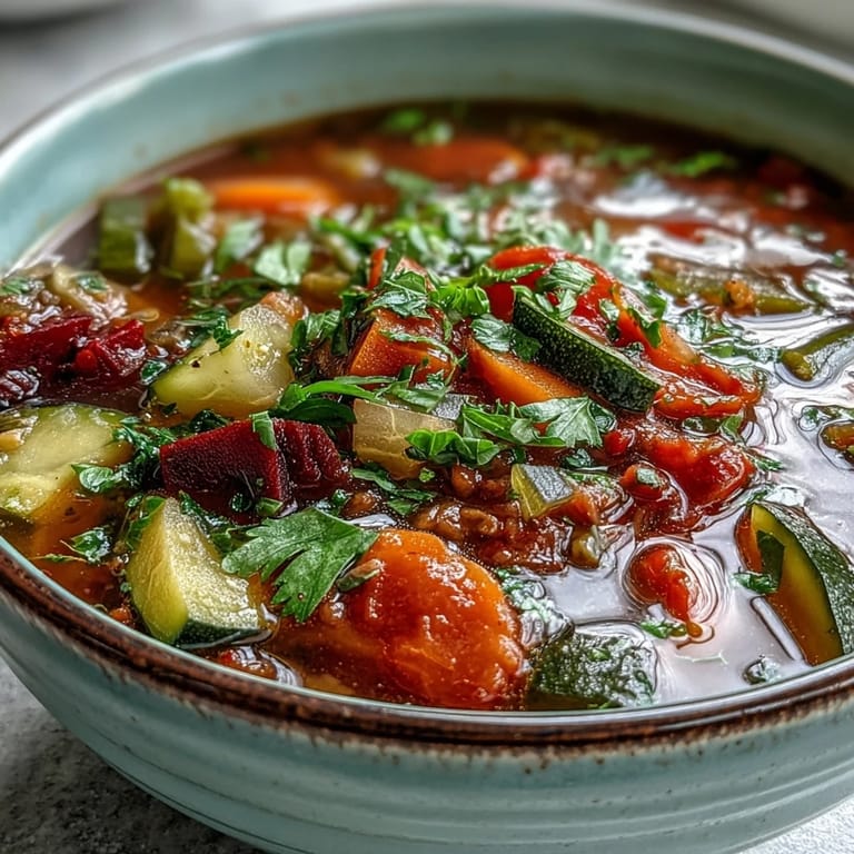 Close-up shot of a ladle pouring vibrant Rainbow Vegetable Detox Soup into a serving bowl.