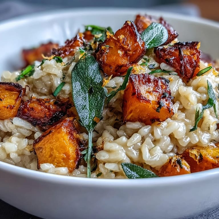 Savory Vegan Pumpkin Risotto, a plant-based Italian main dish garnished with golden sage.