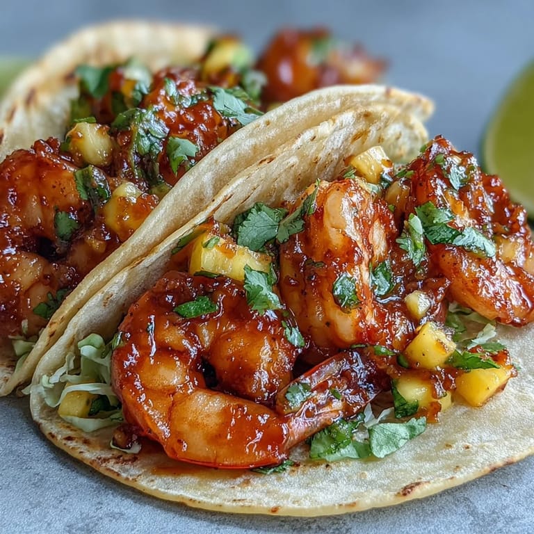 Spicy Sriracha Shrimp Tacos with Mango Salsa are topped with crunchy cabbage and fresh lime wedges on a platter.
