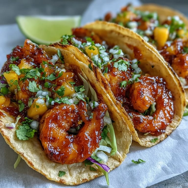 Vibrant Sriracha Shrimp Tacos with Mango Salsa feature juicy shrimp and bright salsa piled high on warm tortillas.