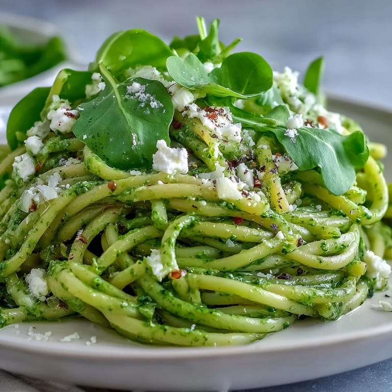 A steaming plate of Linguine with Arugula Pesto beside a glass of white wine.