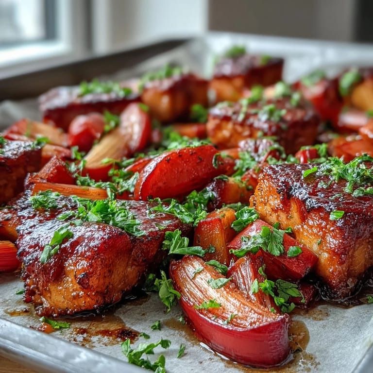 Hearty Pork and Aromatic Rhubarb Traybake served from the oven, featuring juicy pork and vibrant herbs.