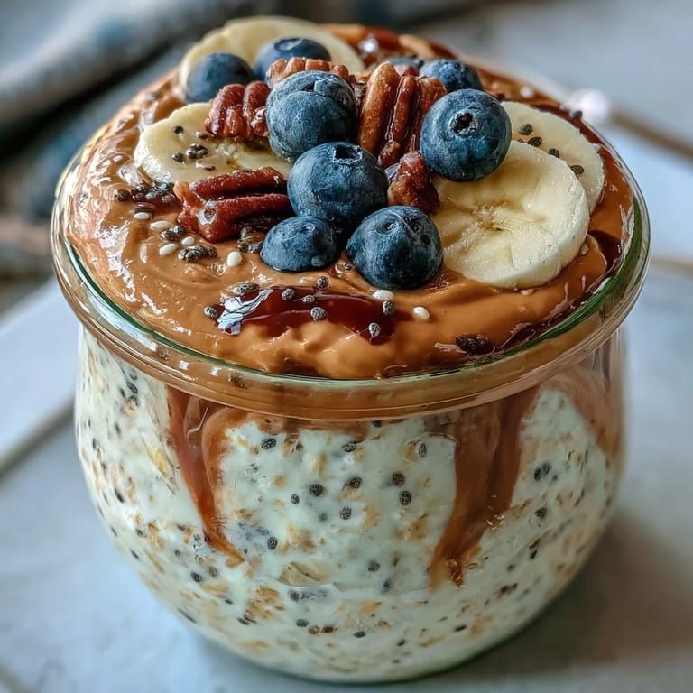 Golden High-Protein Peanut Butter Overnight Oats layered with fresh blueberries, ready to grab and go for breakfast.