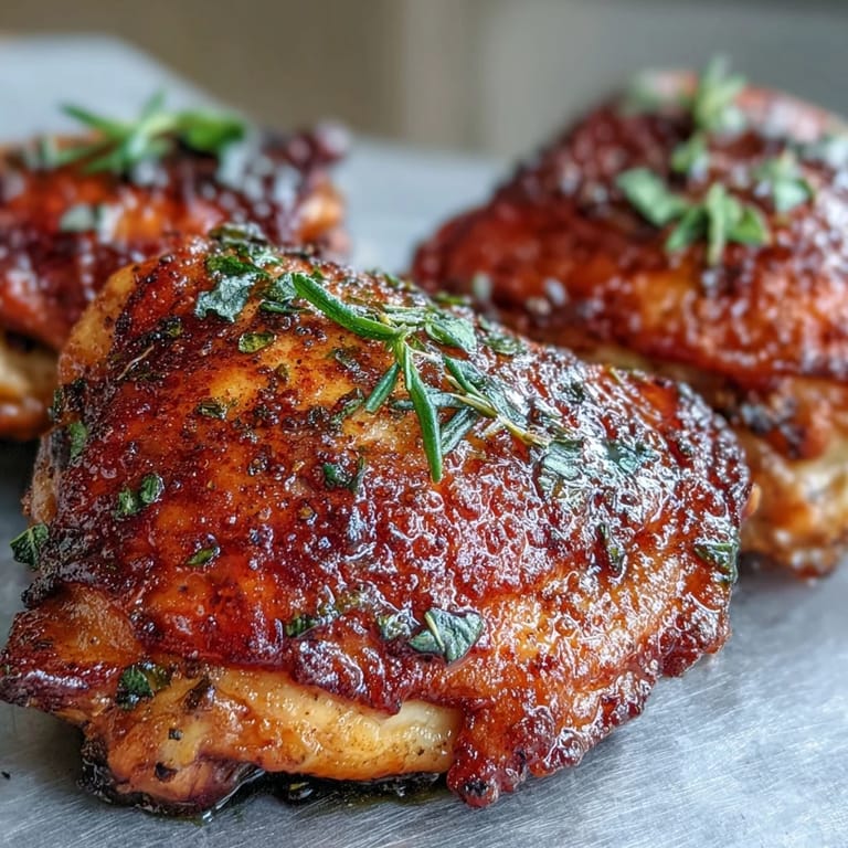 Close-up on Crispy Baked Bone-In Chicken Thighs revealing smoky paprika seasoning and juicy, succulent dark meat.