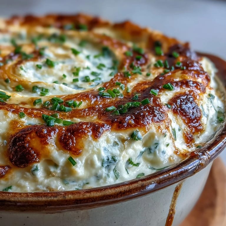 A golden-brown Smoked Gouda & Onion Dip rests in a baking dish, garnished with chives and surrounded by colorful vegetable crudités.