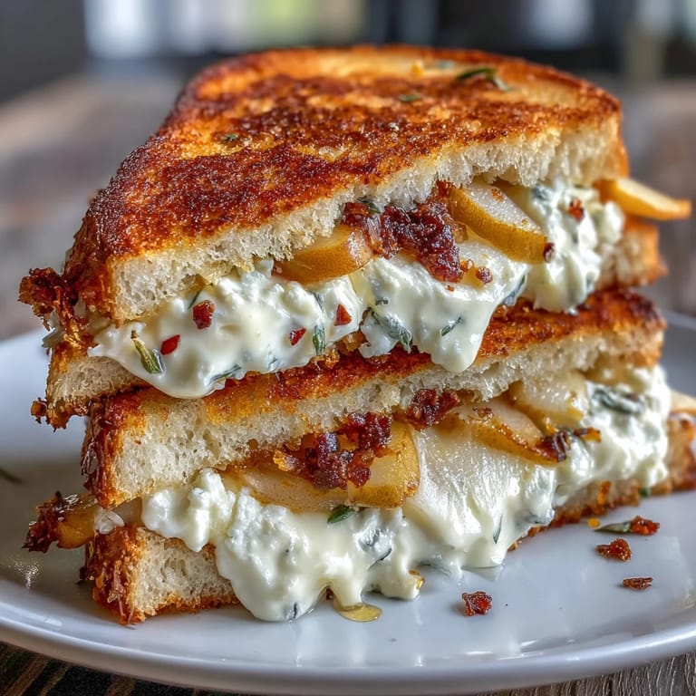 Close-up of toasted Goat Cheese Grilled Cheese with Honey & Chili Flakes, drizzled with honey on a rustic plate.