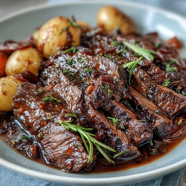 Family-style platter of Beef Pot Roast with celery and baby potatoes, ready to serve with crusty bread.