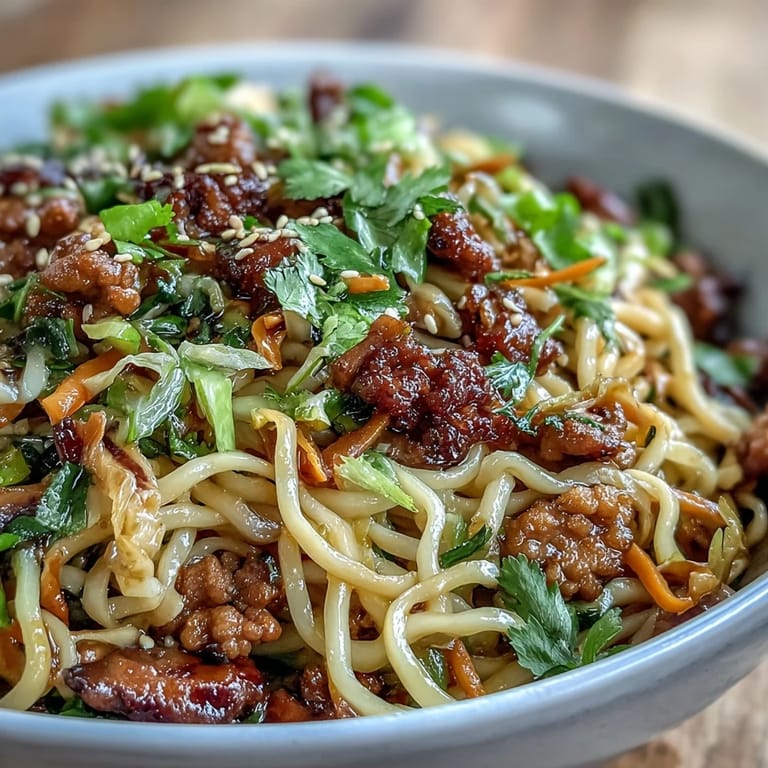 A close-up of Potsticker Noodle Bowls featuring savory pork, crisp cabbage, and glistening sauce.