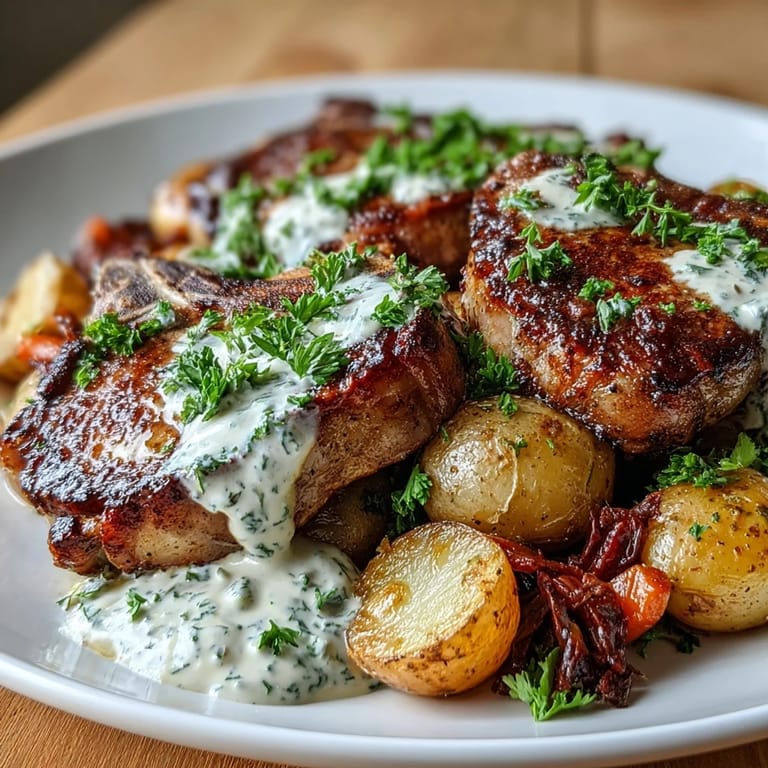 Golden Crockpot Ranch Pork Chops with baby potatoes and carrots in rich sauce.