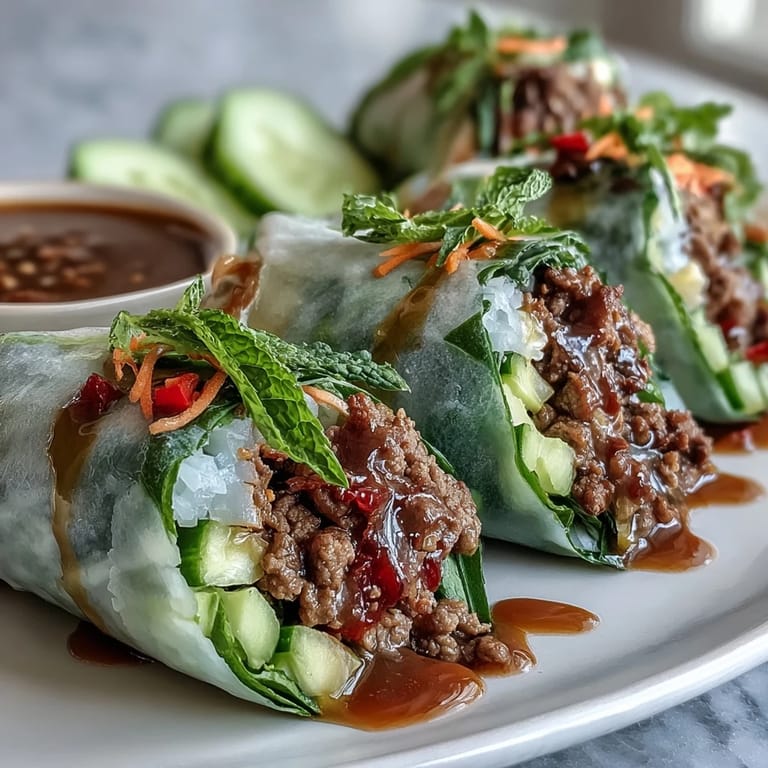 Thai Basil Beef Rolls presented on a platter, sliced to reveal layers of jasmine rice, beef, and vibrant vegetables.