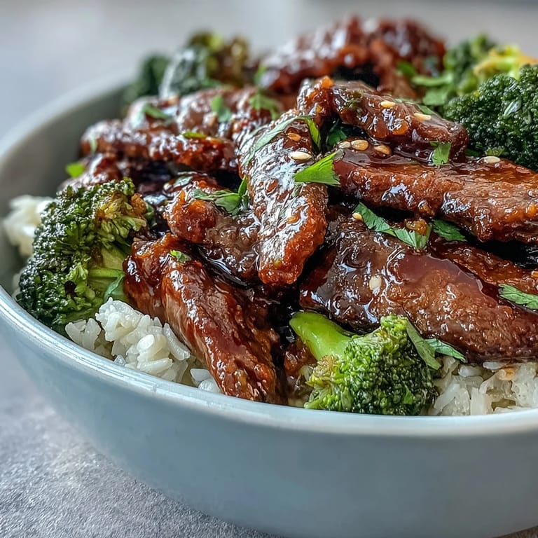 A close-up of a vibrant Beef and Broccoli Bowl, featuring juicy glazed beef, fluffy rice, and crisp broccoli tossed in a rich soy-ginger sauce.