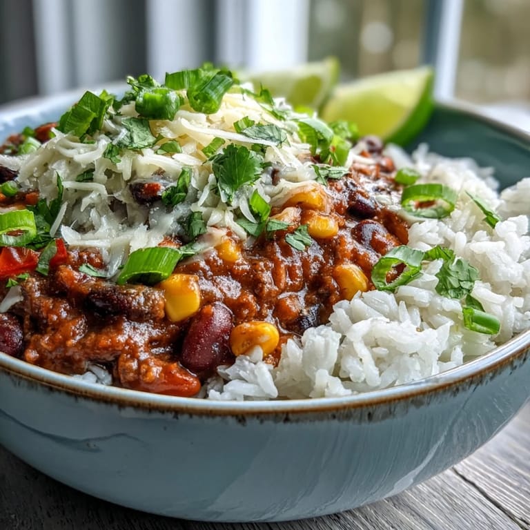 Spicy chili bowl base ladled over brown rice, finished with cilantro and lime for a fresh twist.