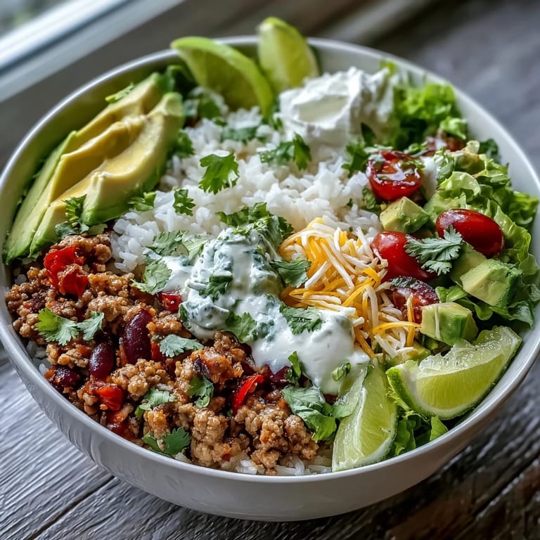 Close up on a Turkey Taco Bowl showing halved cherry tomatoes, fresh cilantro, and a lime wedge ready for squeezing.