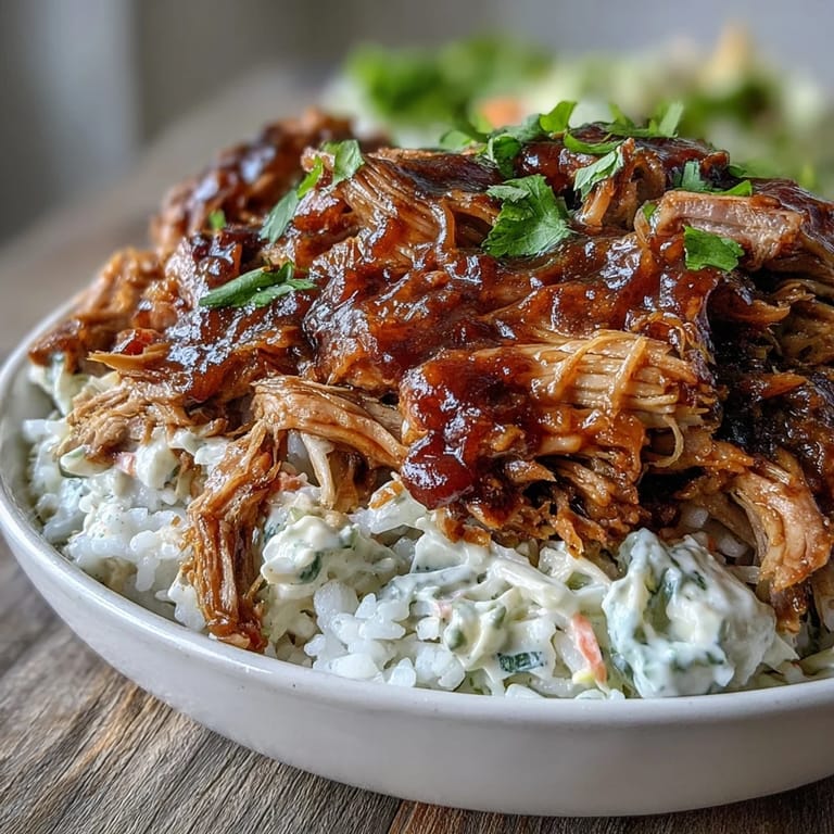 Pulled pork bowl garnished with fresh cilantro and green onions, drizzled with smoky BBQ sauce.