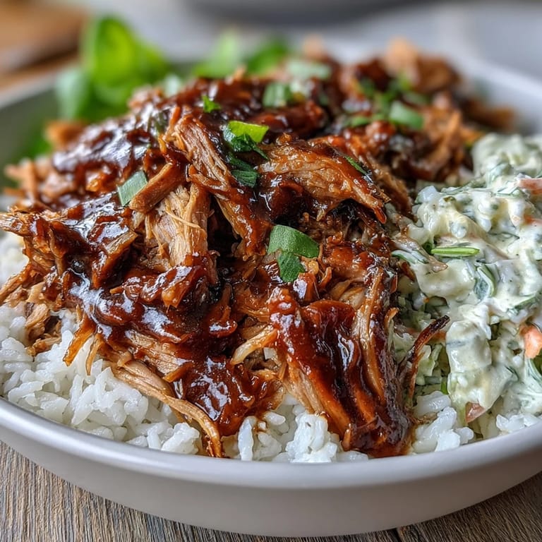 Served warm, this pulled pork bowl features slow-cooked pork, rice, and crunchy coleslaw, perfect for dinner.