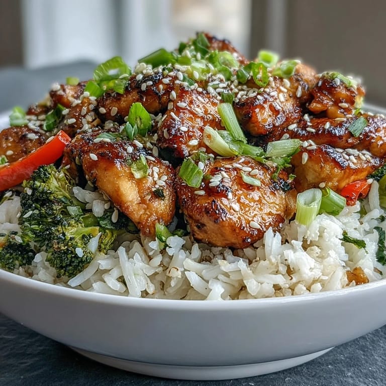 Freshly cooked Chicken and Rice Bowl topped with sliced green onions and sesame seeds, garnished with cilantro on a rustic wooden table.