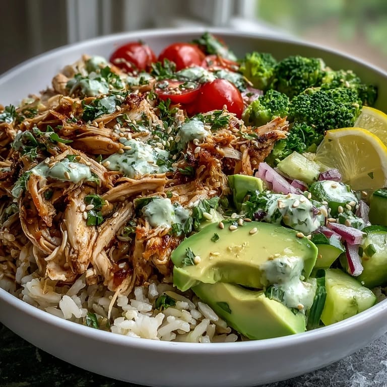 A hearty Rotisserie Chicken Bowl features steamed broccoli and cucumber, drizzled with tangy tzatziki and finished with toasted sesame seeds.