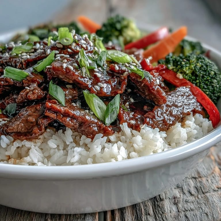 A bowl of steaming Teriyaki Beef Bowl with colorful sautéed vegetables on fluffy rice.