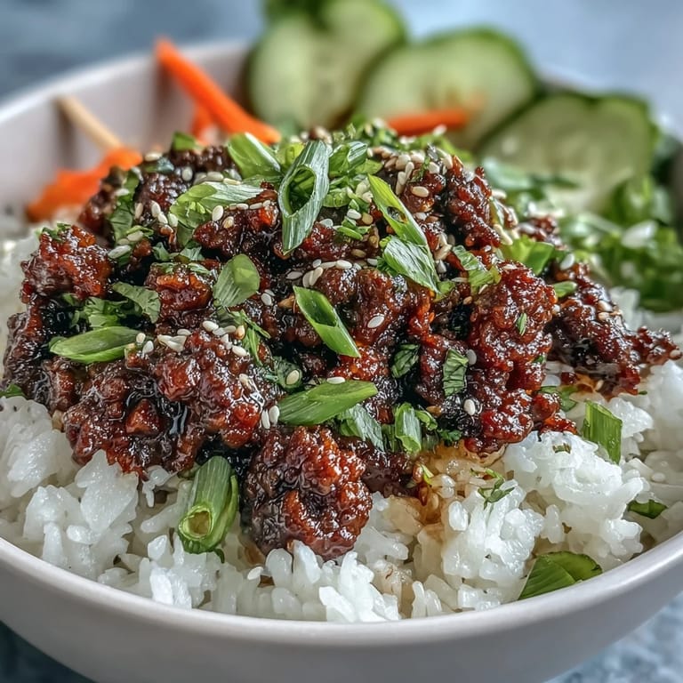 A close-up of a Korean Ground Beef Bowl with sesame seeds, green onions, and vibrant pickled radishes on rice.