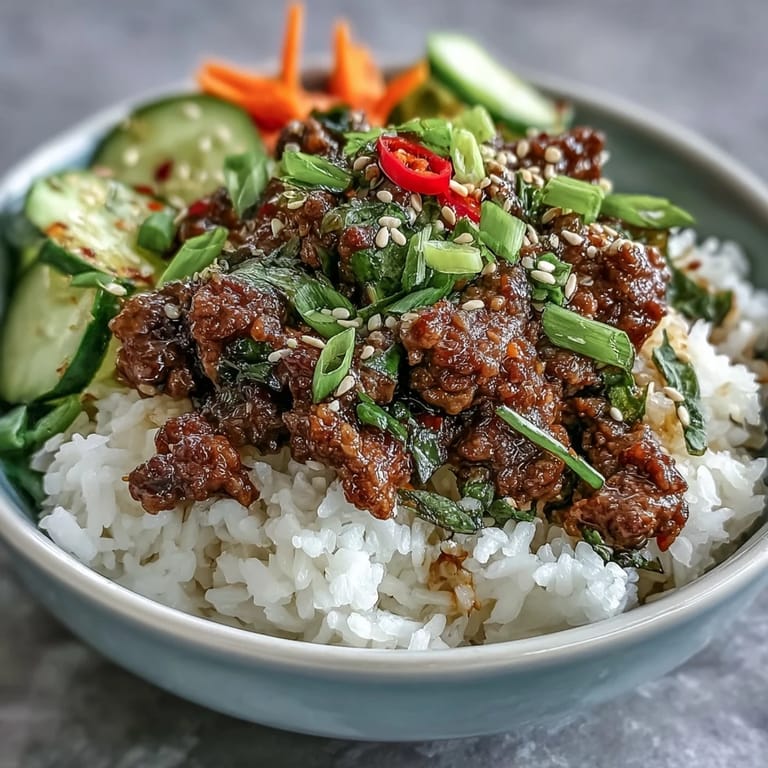 Colorful Korean Ground Beef Bowl garnished with fresh scallions, sesame seeds, and crisp pickled veggies served over steamed rice.