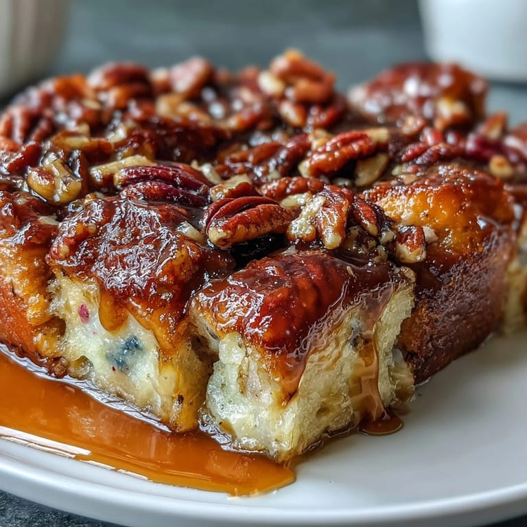 A serving of Guava Caramel Bread Pudding with Pecans on a plate next to a scoop of vanilla ice cream.