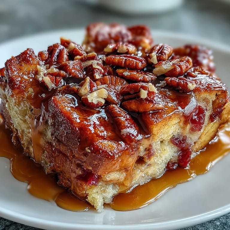 Warm Guava Caramel Bread Pudding with Pecans in a baking dish topped with toasted nuts and a drizzle of caramel.