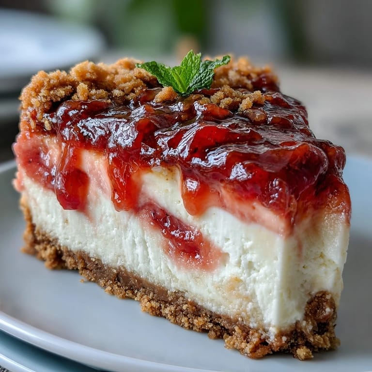 Close-up of Easy Guava Swirl Cheesecake showing creamy filling and tropical guava swirls in a springform pan.