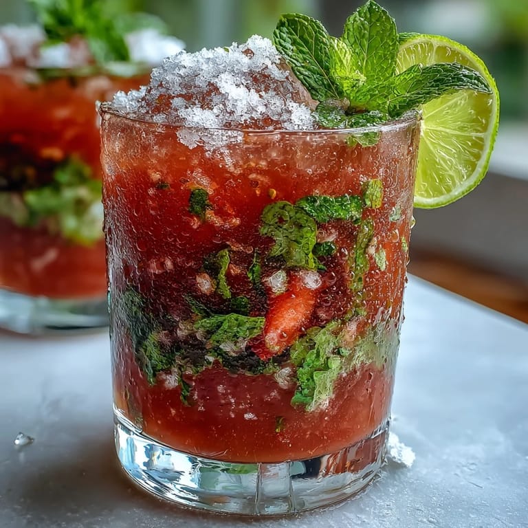 Close-up of a Guava Mojito with muddled mint and sugar, ready for a tropical summer sip.