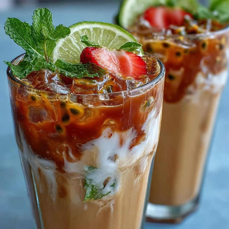 Refreshing DIY Iced Guava Passionfruit Drink served over ice cubes with fresh strawberries, perfect for a hot summer day.