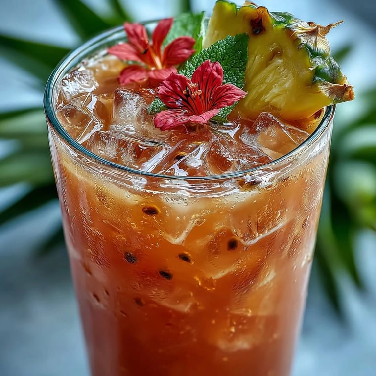 Close-up of the Iced Guava Passionfruit Drink showing frothy texture and tropical ice cubes in a sunny setting.