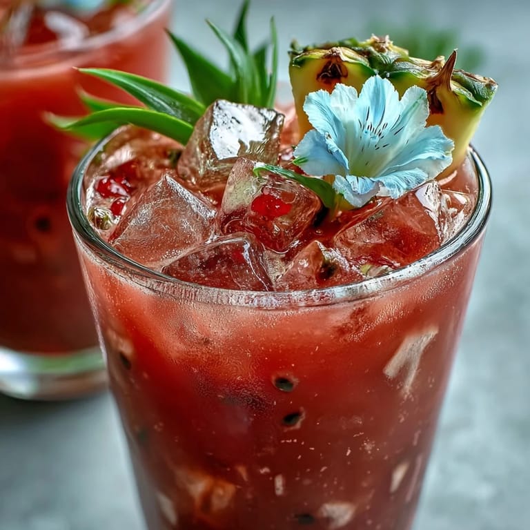 Two refreshing glasses of the Iced Guava Passionfruit Drink topped with edible flowers and a vibrant swirl of syrup.