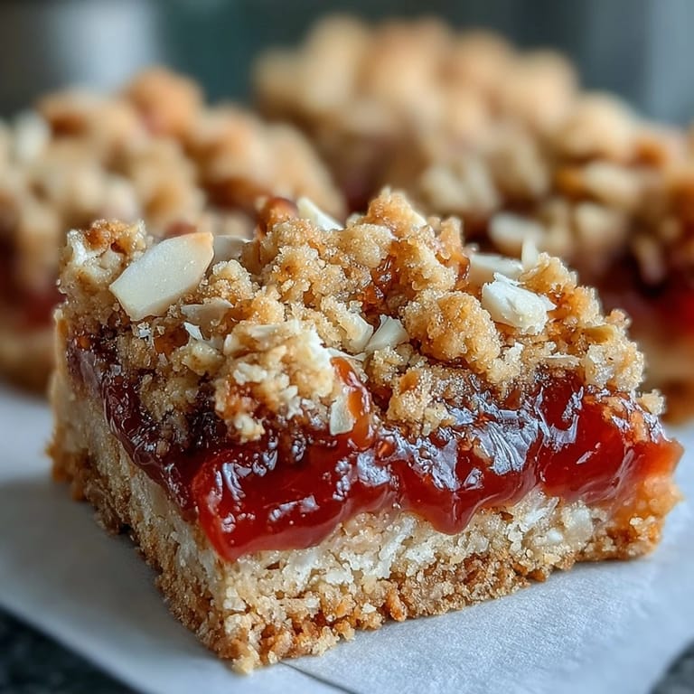 Freshly cut Guava Jam Bars showcase a buttery oat crust, toasted coconut, and chopped macadamia nuts.