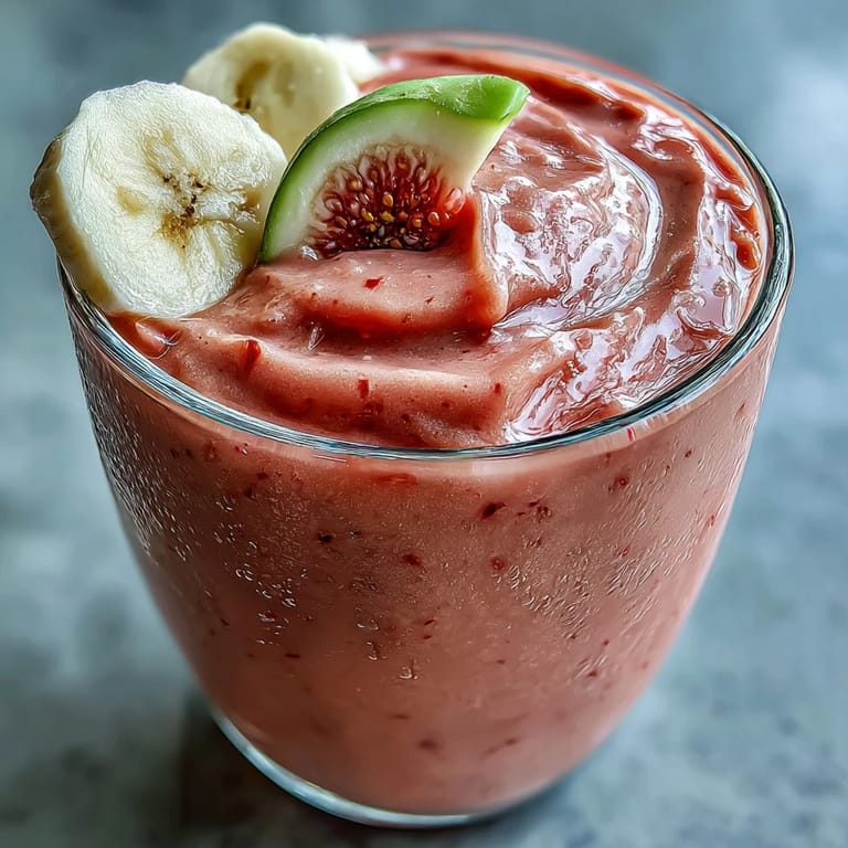 A frosty, bright pink Guava Banana Smoothie with a striped straw, ready for a refreshing sip.