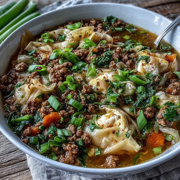 Ground pork and crisp cabbage simmer in One-Pot Egg Roll Soup served steaming hot in a rustic bowl.