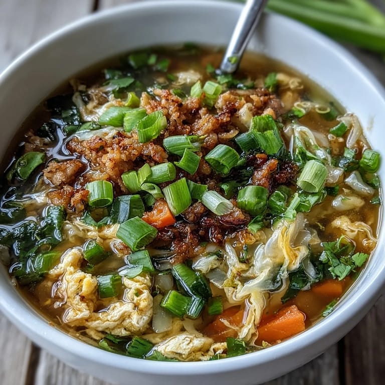 Quick One-Pot Egg Roll Soup drizzled with sriracha and a fresh egg drop swirl for a spicy kick.