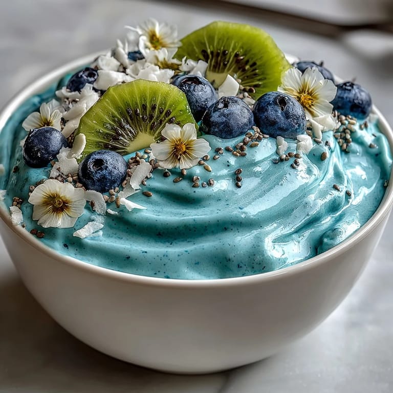 Whimsical Healthy Mermaid Smoothie Bowl ready to eat, featuring fresh fruit and edible flowers on a thick, chilled smoothie base.