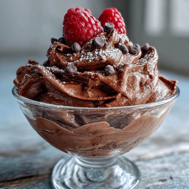 Whipped chocolate Protein Fluff being scooped from a glass, showing a thick, airy texture perfect for dessert lovers.