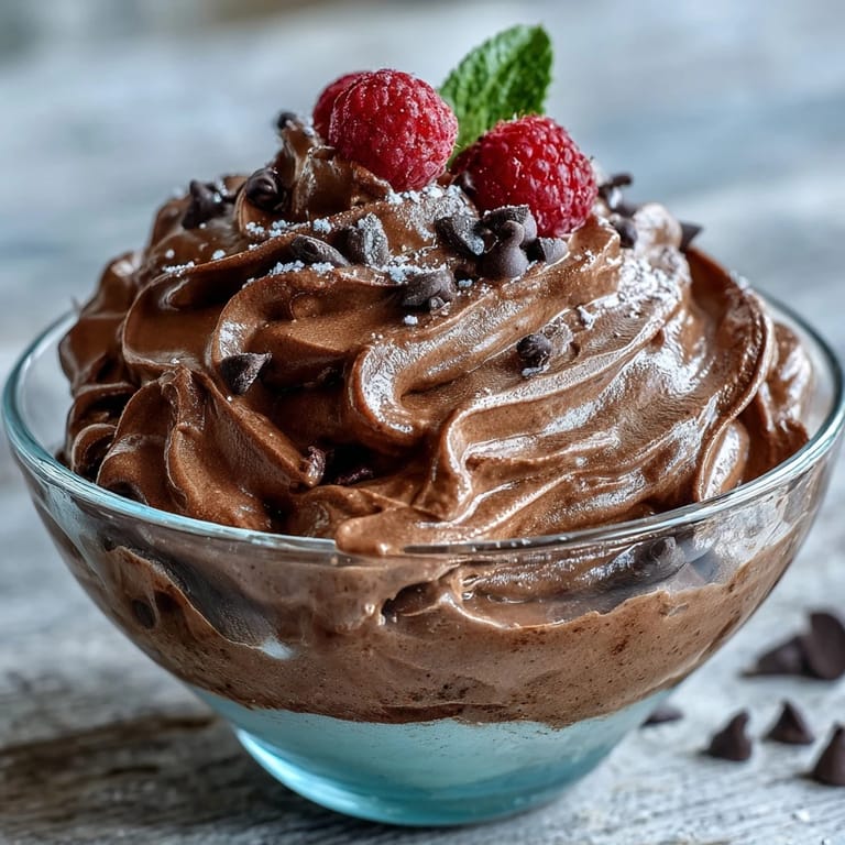 Rich chocolate Protein Fluff served in a dessert glass, garnished with cocoa powder and berries for a sweet treat.
